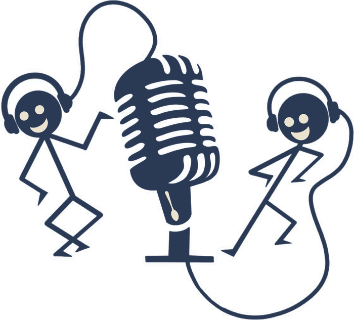 Two stick figures in headphones dancing around a vintage microphone